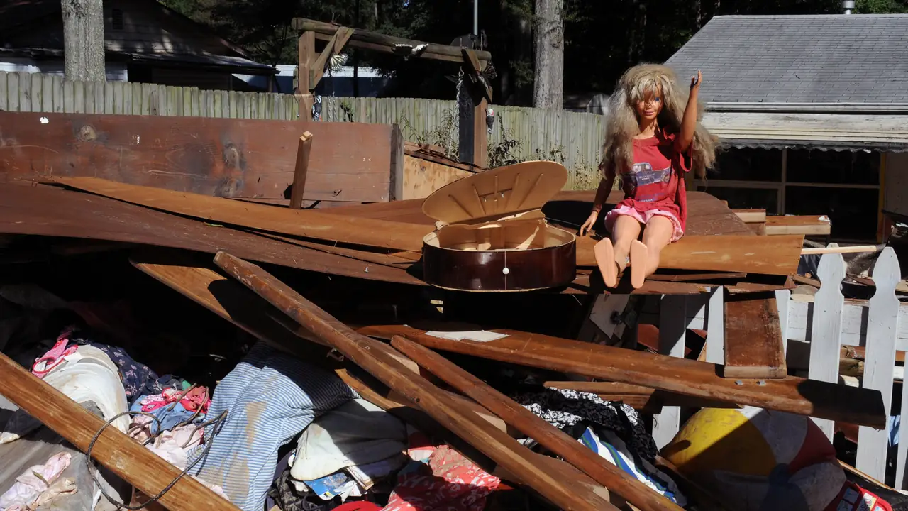 Debris and belongings piled up after a flood