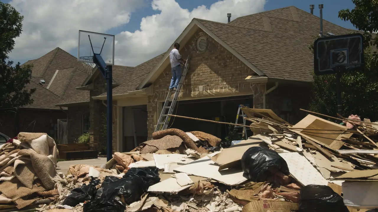 Wet flooring and debris removed from a water-damaged home