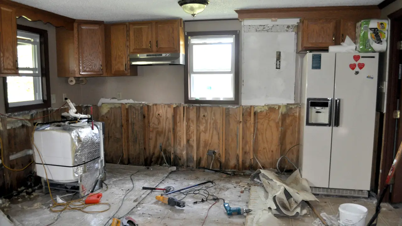 Kitchen stripped to the studs after water damage